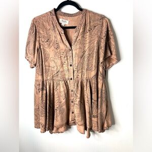 RWN By Rawan Babydoll Top Blouse Paisley Print Shirt Sleeves SZ XL EUC